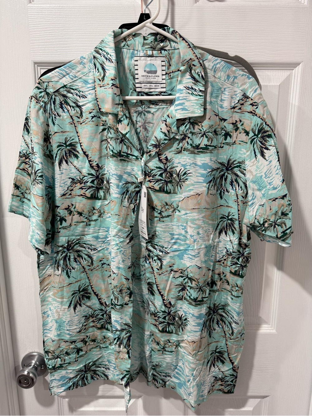 Denim & Flower Mint Tropical Palm Print Short-Sleeve Shirt